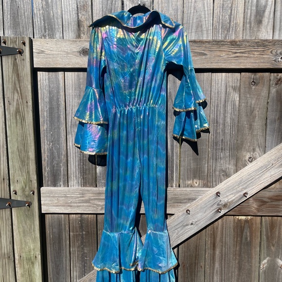 Disco ABBA Iridescent Blue Jumpsuit with Ruffle Sleeves Size XS/S - Picture 11 of 11